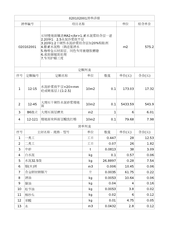 020102001  石材楼地面镶边MA2</br>1.素水泥浆结合层一道
