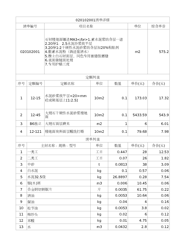 020102001  石材楼地面镶边MA3</br>1.素水泥浆结合层一道
