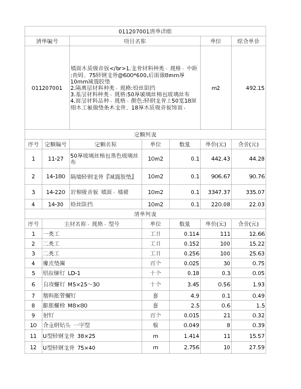 011207001  墙面木质吸音板</br>1.龙骨材料种类、规格、中距:角码，75轻钢龙骨@600*600,后面做8mm厚10mm减震胶垫
