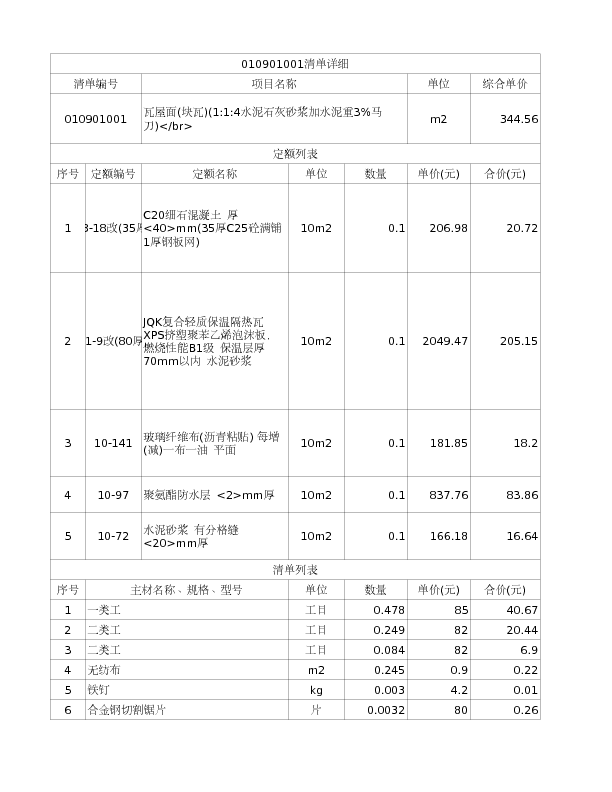 010901001  瓦屋面(块瓦)(1:1:4水泥石灰砂浆加水泥重3%马刀)</br>