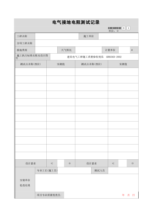 电气接地电阻测试记录