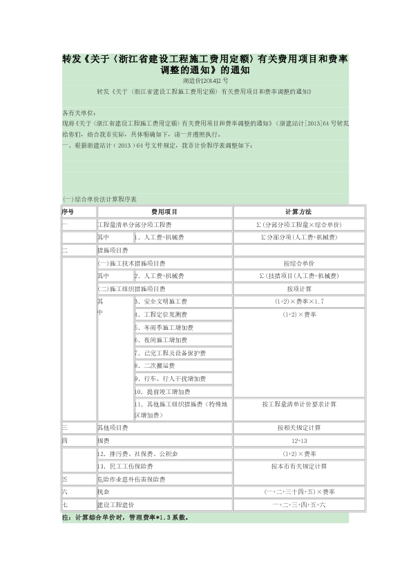 湖造价（2014）2号  -转发《关于〈浙江省建设工程施工费用定额〉有关费用项目和费率调整的通知》