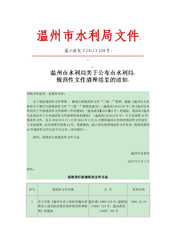 温水政发（2013）208号 市水利局规范性文件清理结果的通知