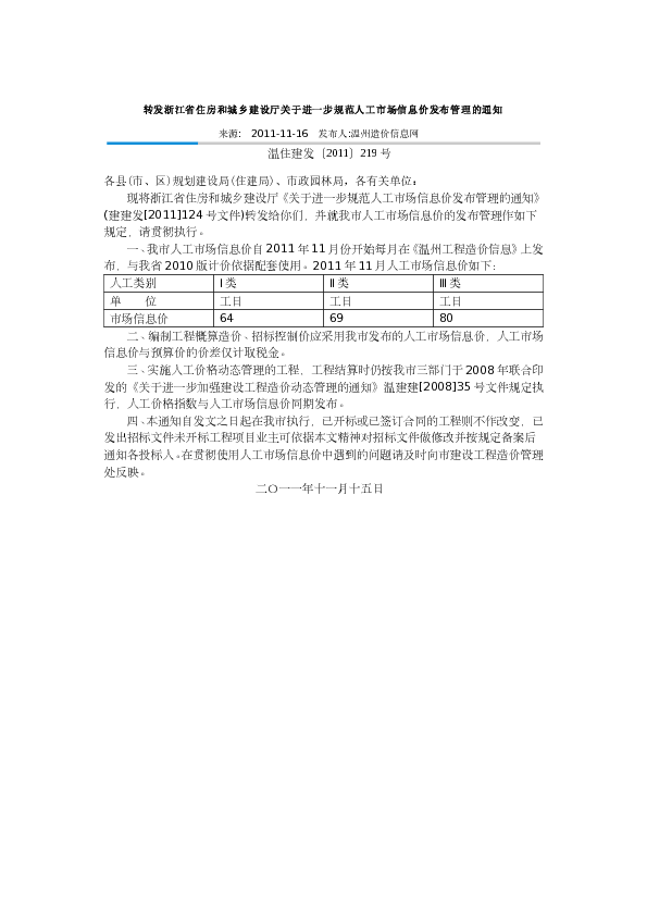 温住建发（2011）219号-转发浙江省住房和城乡建设厅关于进一步规范人工市场信息价发布管理的通知-